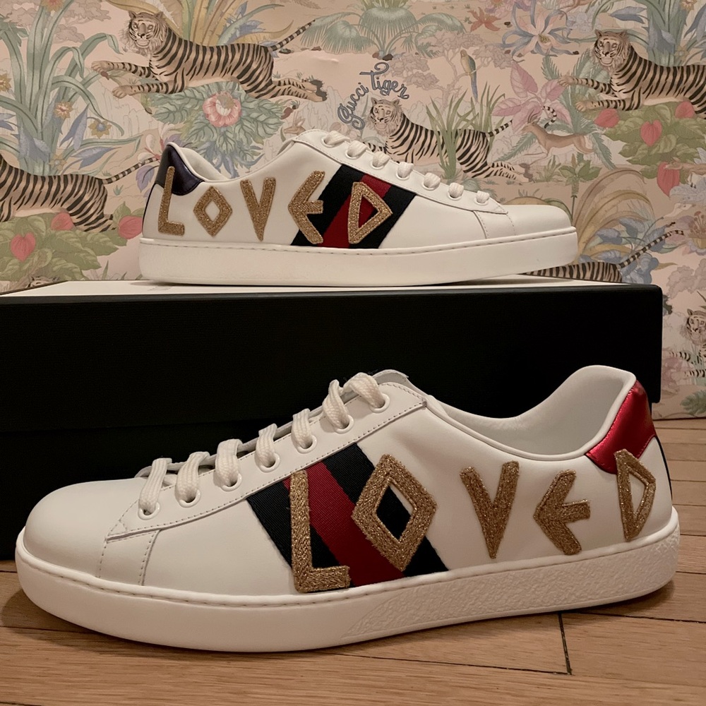 GUCCI White Leather Loved Embroidered Sneakers Size  US men’s 10.5